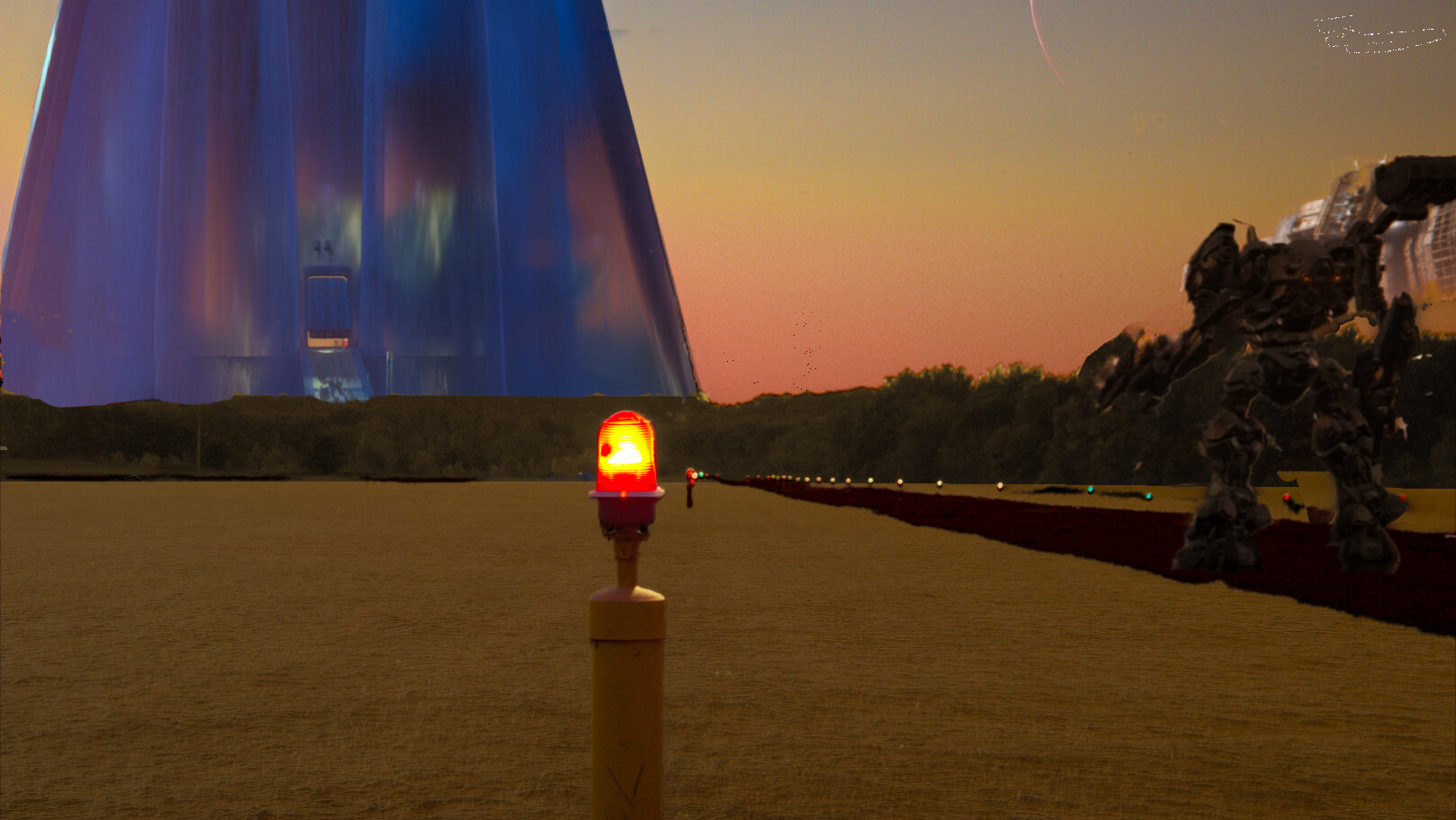 A ramp light at dusk on a scorched airfield, with a mech on the right and a towering blue ship on the left