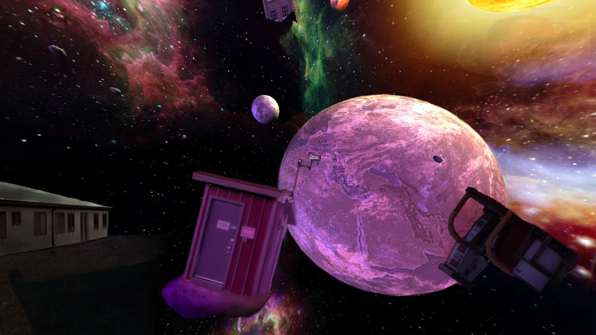 Airport buildings and a fuel pump floating in space among planets and nebulae