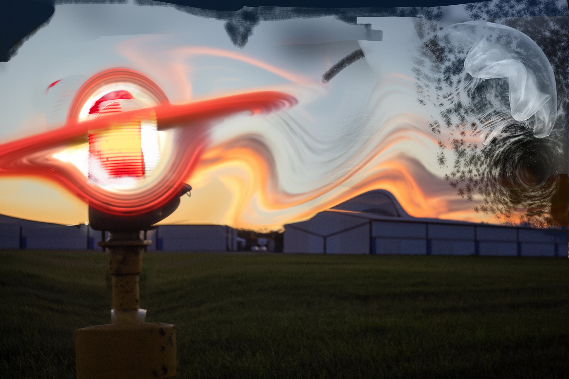 A red ramp light at dusk, its glow absorbing the sky to reveal a jellyfish floating behind it